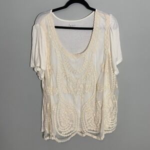 NEW Simply Emma Womens Plus Lace Overlay Flutter Sleeve Tunic Top Cream 3X
